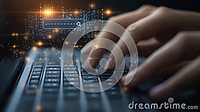 Googling Typing Words on a High Tech Holographic Computer Laptop Notebook Keyboard to Look Up, Google, Research, Search Engine Bar Stock Photo
