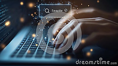 Googling Typing Words on a High Tech Holographic Computer Laptop Notebook Keyboard to Look Up, Google, Research, Search Engine Bar Stock Photo