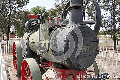 Historic steam engine on display in a fenced site at Goornong, Australia Editorial Stock Photo