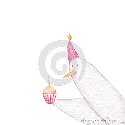 Goose in a cap with cupcake. Happy Birthday watercolor card on white background Stock Photo