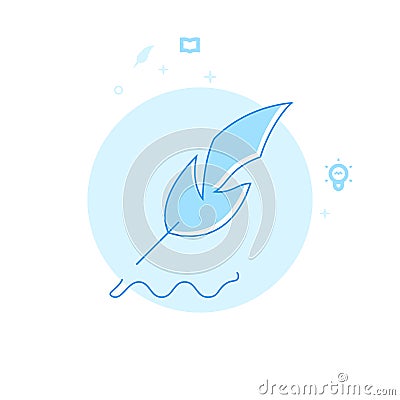 Goose Feather, Quill Pen Flat Vector Illustration, Icon. Light Blue Monochrome Design. Editable Stroke Vector Illustration