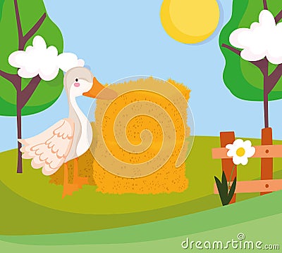 Goose hay stack fence flower trees farm animal cartoon Vector Illustration