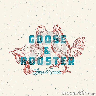 Goose and Rooster Beer and Snacks Abstract Vector Sign, Symbol or Logo Template. Hand Drawn Birds Sillhouette with Retro Vector Illustration
