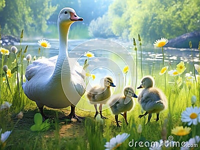 Goose and goslings Made With Generative AI illustration Cartoon Illustration