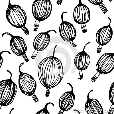Black and white gooseberry hand drawn pattern Vector Illustration