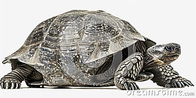 gopher tortoise is moving forward with its rough shell prominently displayed set against a soft white background that Stock Photo