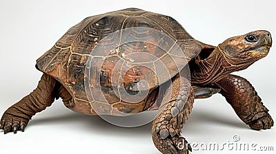Gopher Tortoise is seen walking forward with its rough shell prominently displayed on a white background. The soft Stock Photo