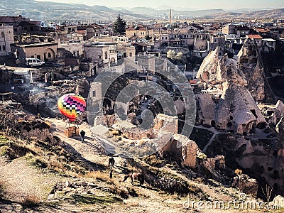 Goreme, Turkey, December 2nd, 2021 The hot air baloons in Uchisar town Editorial Stock Photo