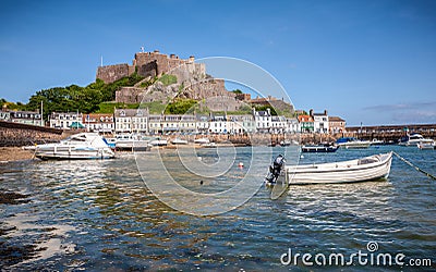 Gorey harbour and Mont Orgueil Castle in Jersey Editorial Stock Photo