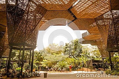 Gorgeous architectural woodden structure in a botanical greenhouse in Medellin Stock Photo