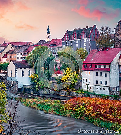 Gorgeous autumn cityscape of Gorlitz, eastern Germany, Europe. Spectacular sunrise view of St Peter and Paulâ€™s Church Stock Photo