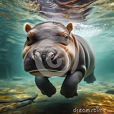 gorgeous baby hippo swimming underwater in the river Stock Photo