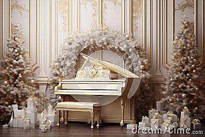 Gorgeous backdrop with a golden piano and festive trees Stock Photo