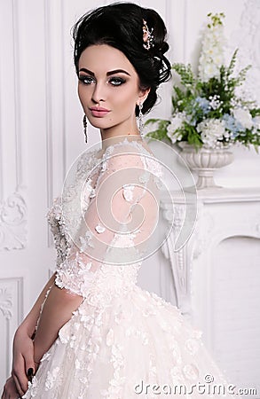 Gorgeous bride with dark hair in luxuious wedding dress Stock Photo