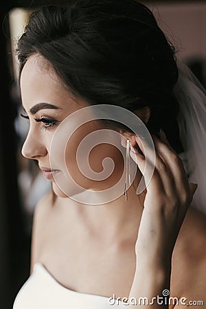 Gorgeous bride putting on luxury earrings. beautiful woman portrait of getting ready for wedding. sensual moment. sexy girl posing Stock Photo