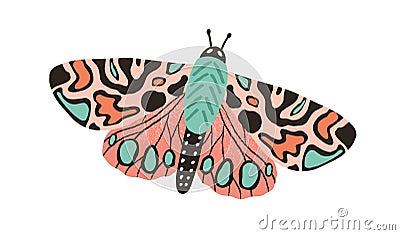 Gorgeous butterfly with bright multicolor wings and antennae isolated on white background. Beautiful flying moth. Hand Cartoon Illustration