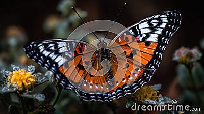 A gorgeous butterfly with intricate patterns and colors flitting among flowers created with Generative AI Stock Photo