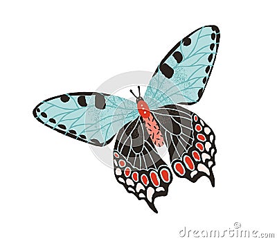 Gorgeous butterfly with pastel wings and antennae isolated on white background. Hand drawn colored beautiful flying moth Cartoon Illustration