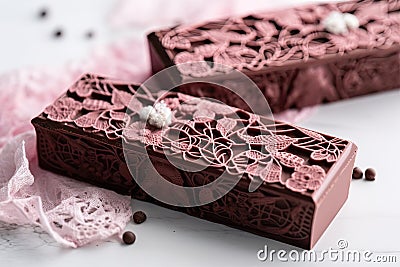 gorgeous chocolate bar, with delicate lace design, and cherry flavor Stock Photo