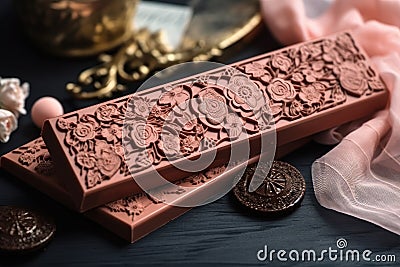 gorgeous chocolate bar, with delicate lace design, and cherry flavor Stock Photo