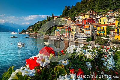 Gorgeous cityscape and harbor with boats, Varenna, lake Como, Italy Stock Photo