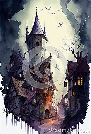 The Haunted Castle in the Tiny Village Stock Photo