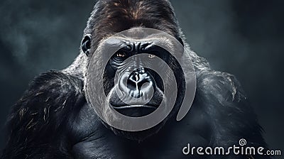 gorgeous colored frontal portrait of a male gorilla against a dark background Stock Photo