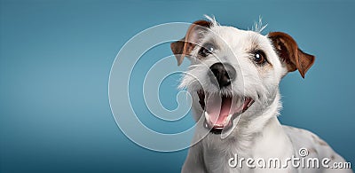 Gorgeous dog against blue backdrop with copy space. Sweet, smiling dog Stock Photo