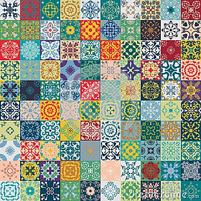 Gorgeous floral patchwork design. Moroccan or Mediterranean square tiles, tribal ornaments. For wallpaper print, pattern fills, we Stock Photo