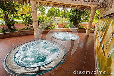 Gorgeous fragment of view of outdoor spa with hydro massage Jacuzzi Editorial Stock Photo