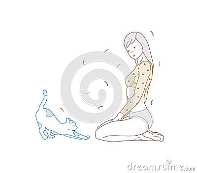 Gorgeous girl dressed in panties and long sleeved crop top sitting on floor and cat hand drawn with contour lines on Vector Illustration