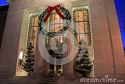 Gorgeous holiday decorations on front of Adirondack Trust Bank, Downtown Saratoga Springs, New York, 2014 Editorial Stock Photo