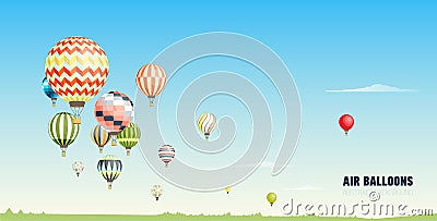 Gorgeous horizontal banner, background or picturesque landscape with hot air balloons flying in clear blue sky. Festival Vector Illustration