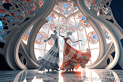 Gorgeous illustration of dance party in old fashion style. Glass architecture and figures. Generative AI Cartoon Illustration