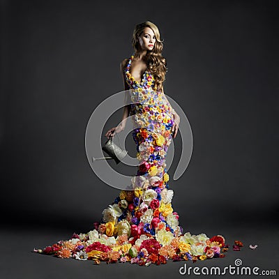 Gorgeous lady in dress of flowers Stock Photo