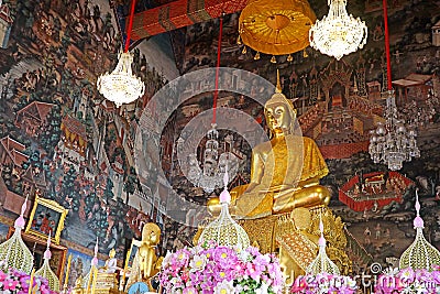 Gorgeous Main Buddha Image with Amazing Murals Inside Ordination Hall of The Temple of Dawn in Bangkok, Thailand Stock Photo