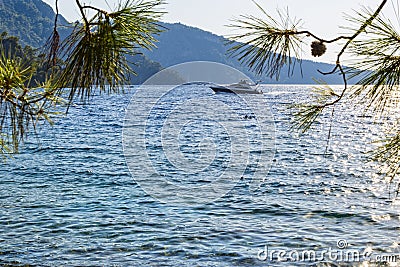 The gorgeous Mediterranean view and sunshine in Boncuklu Cove of Fethiye. Stock Photo