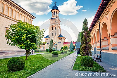 Gorgeous morning view of bell tower of Reunification Cathedral, Fortified churches inside Alba Carolina Fortress. Splendid sunset Stock Photo