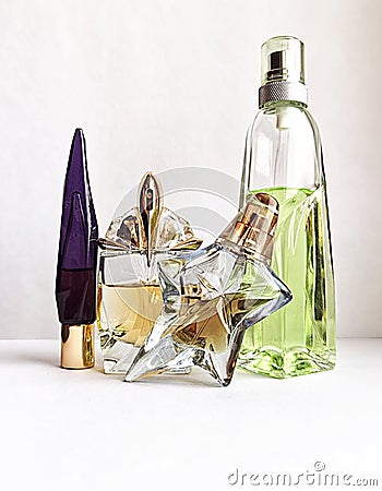 gorgeous perfume bottles on white background, unique design Stock Photo