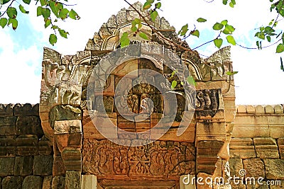 Gorgeous Relief on the Lintel and Tympanum of Sdok Kok Thom Khmer Temple in Sa Kaeo Province, Thailand Stock Photo
