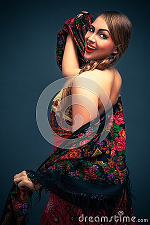 Gorgeous russian woman in shawl Stock Photo