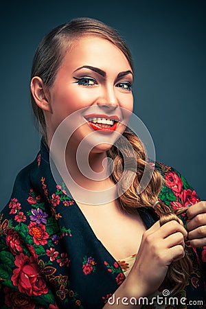 Gorgeous russian woman in shawl Stock Photo