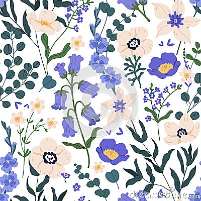 Gorgeous seamless floral pattern with bluebells and forget-me-nots. Endless design with delicate wild flowers for Vector Illustration