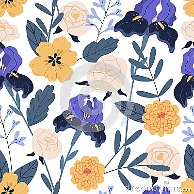 Gorgeous seamless floral pattern with irises and chrysanthemum. Endless design with elegant flowers for printing and Vector Illustration