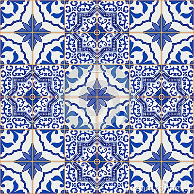 Gorgeous seamless patchwork pattern from dark blue and white Moroccan, Portuguese tiles, Azulejo, ornaments. Vector Illustration