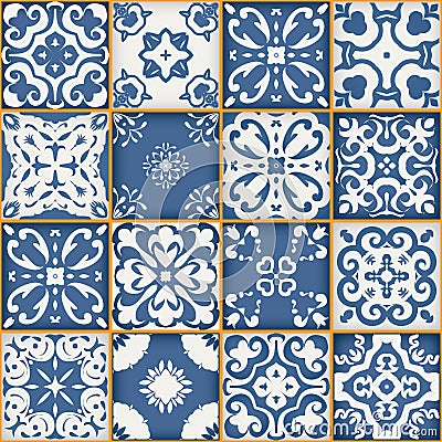 Gorgeous seamless patchwork pattern from dark blue and white Moroccan tiles, ornaments. Can be used for wallpaper Vector Illustration