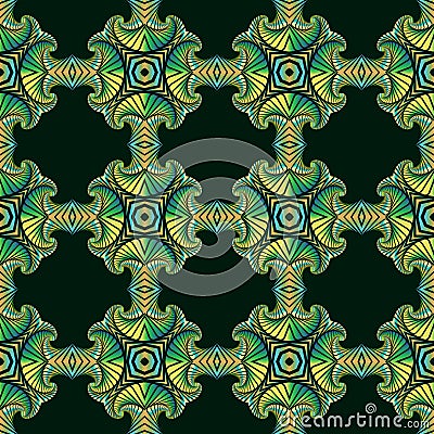 Gorgeous seamless pattern with colorful gradient decorative ornament on dark green background Vector Illustration