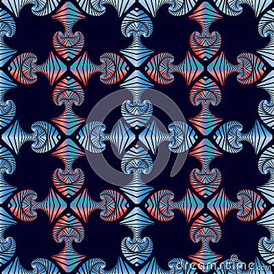 Gorgeous seamless pattern with colorful metallic decorative ornament on dark blue background Vector Illustration