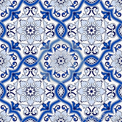 Gorgeous seamless pattern from dark blue and white Moroccan, Portuguese tiles, Azulejo, ornaments. Can be used for Vector Illustration