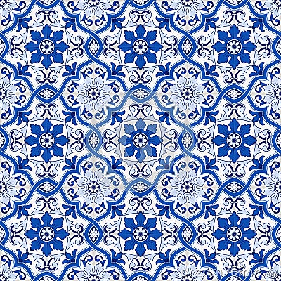 Gorgeous seamless pattern from dark blue and white Moroccan, Portuguese tiles, Azulejo, ornaments. Can be used for Vector Illustration